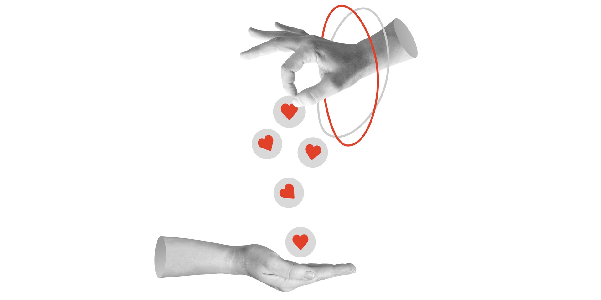 Hand drops hearts into open palm, symbolizing care, generosity, and support. Minimalistic art collage