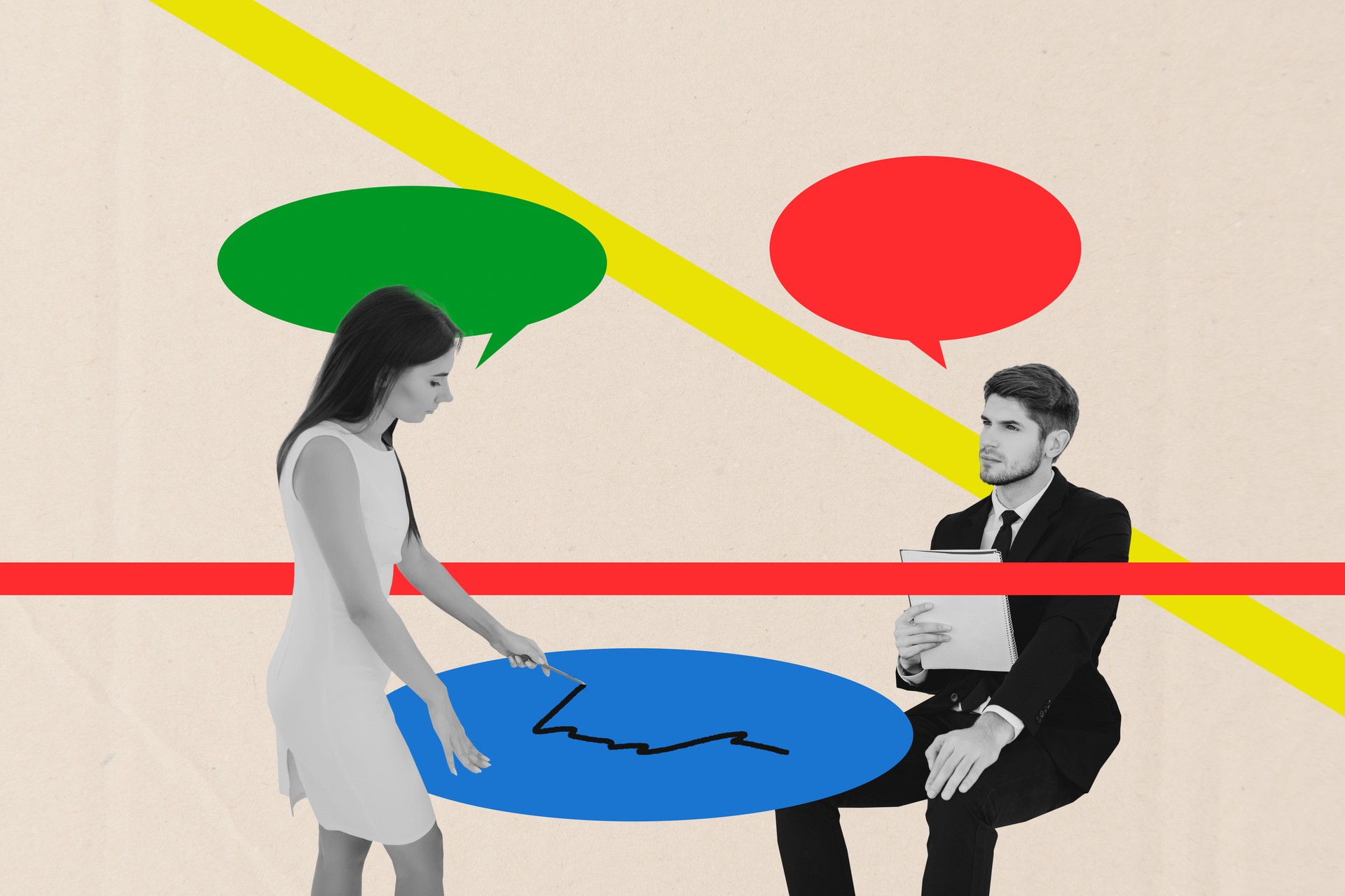 Zine banner art full photo collage of two happy businesswoman businessman speak together bubble speech chat deal agreement