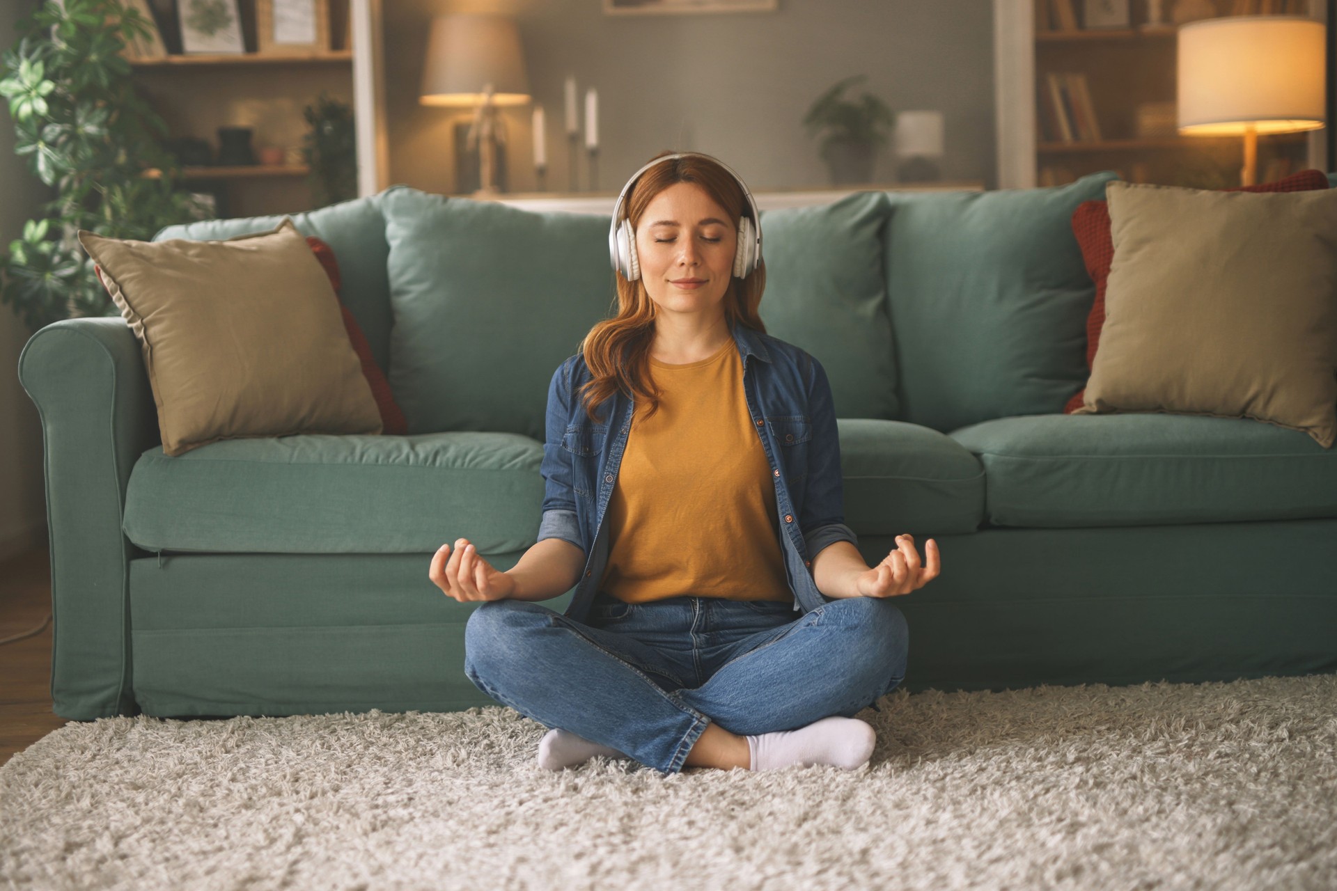 Young woman meditating with headphones in living room